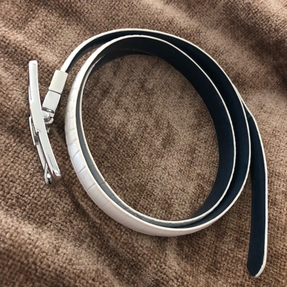 Ralph Lauren White Leather Embossed Dress Belt with Silver Buckle